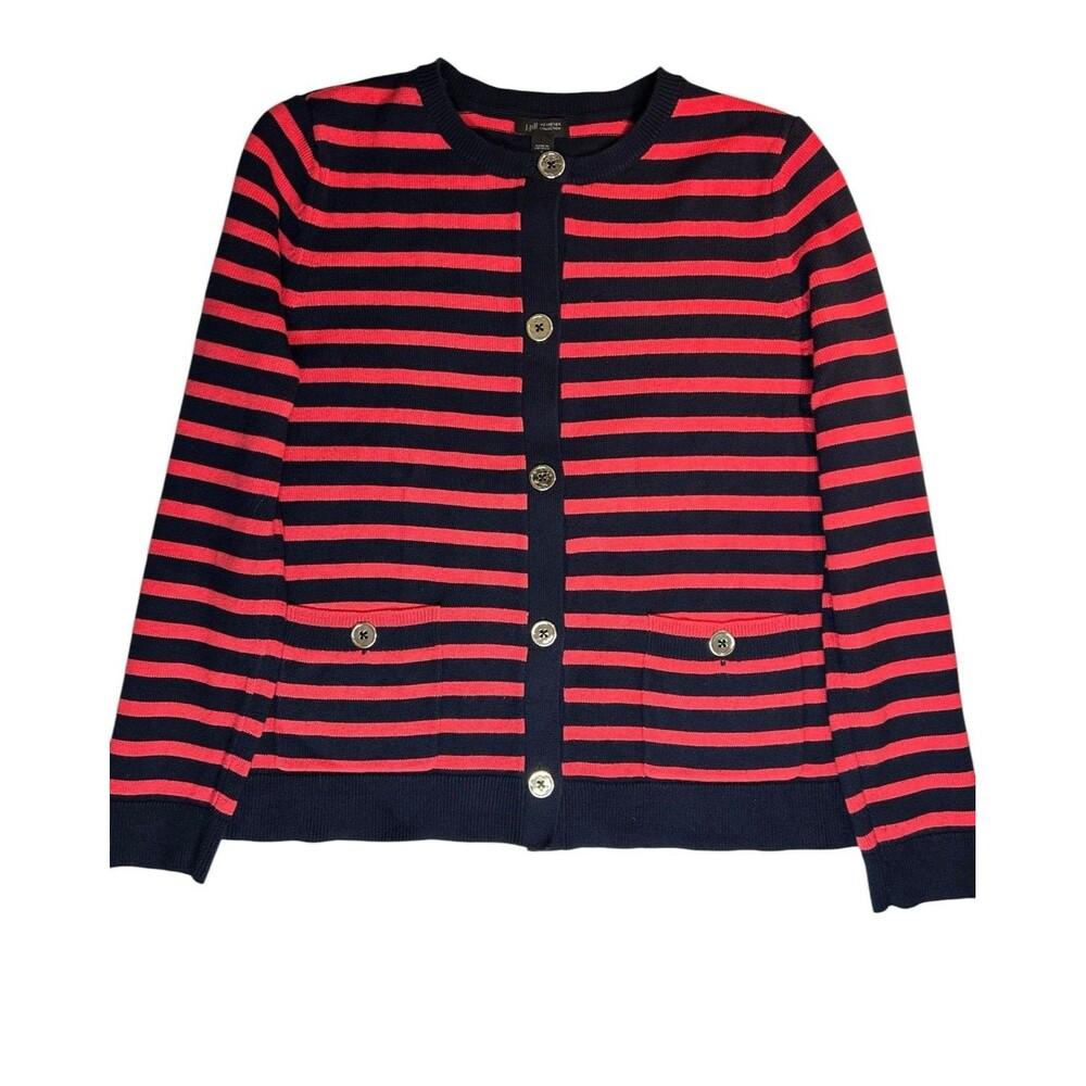 J.Jill Cardigan Sweater Crew Neck Button Front Sz Small Navy Coral Red Stripe